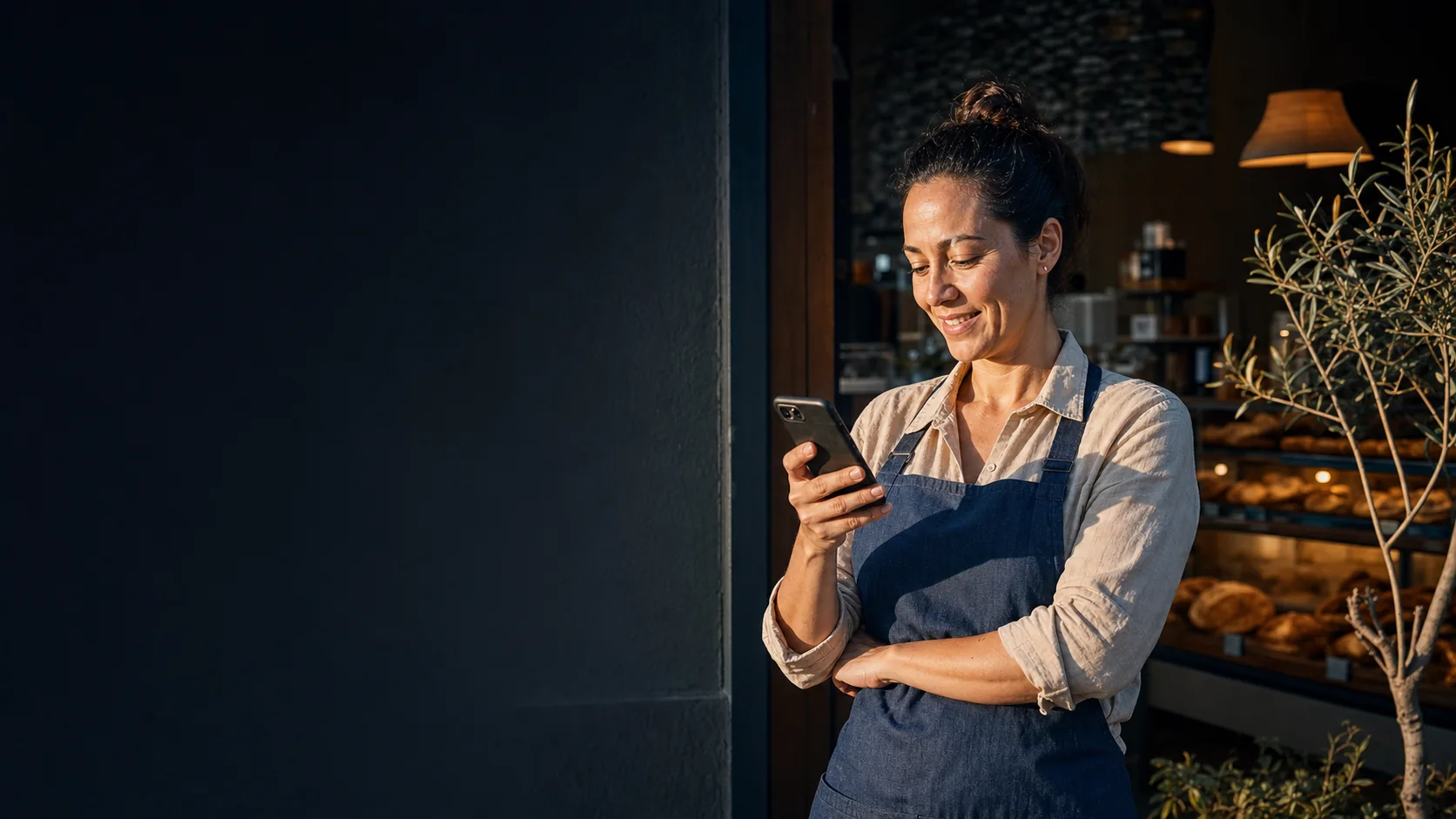 Empreendedora de um comércio local consultando o celular na entrada do negócio